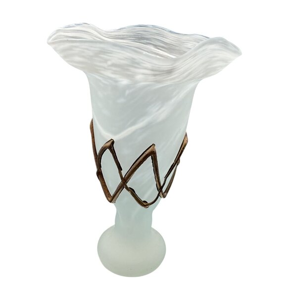 Antique Romanian Ravert Romblast Green Satin Swirl Vase Copper Wrap Accent - Picture 2 of 6